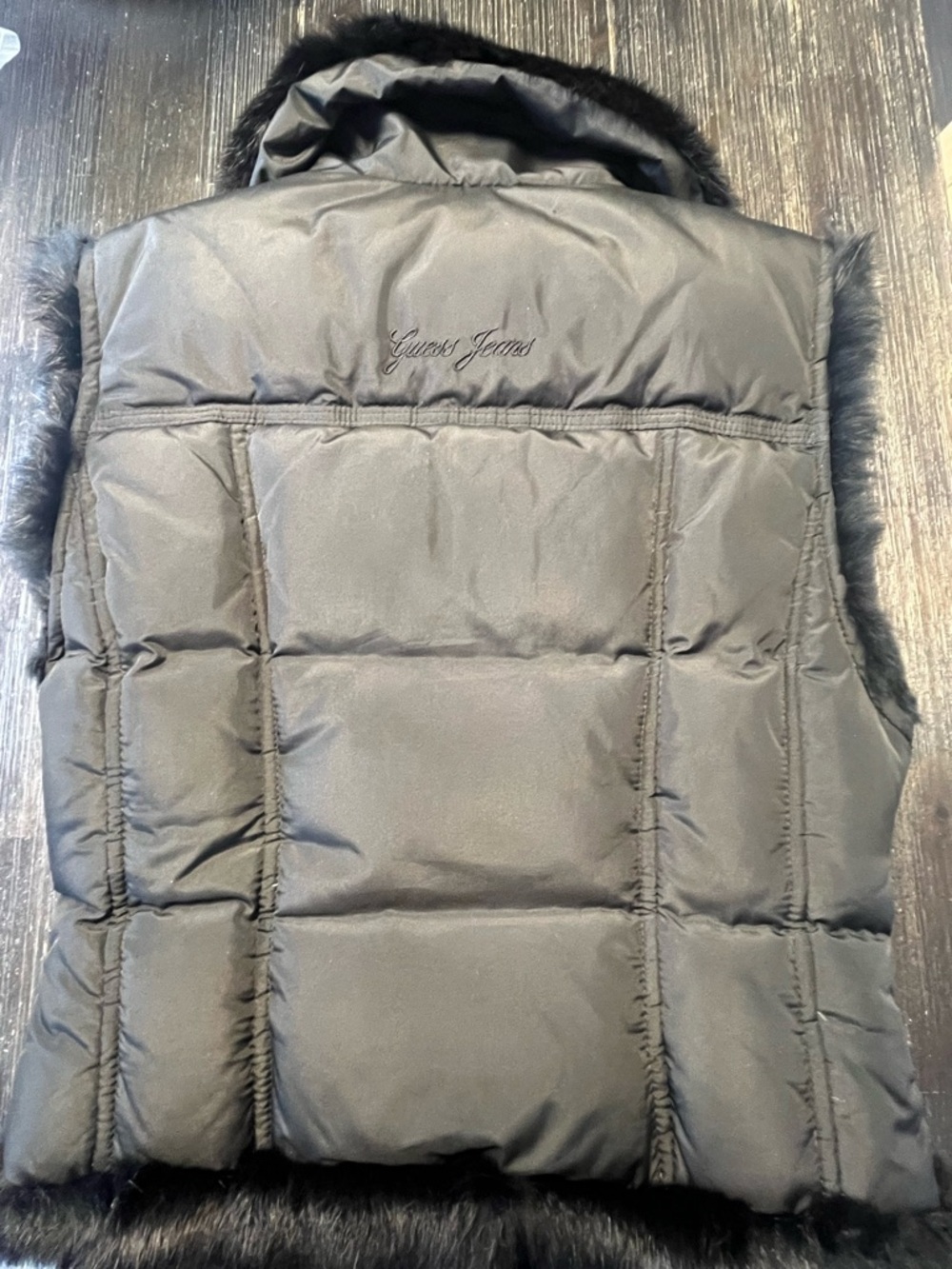 ‼️SALE‼️ GUESS Y2K Black Down Puffer Vest Rabbit Fur Trim Hooded size: xs - Picture 3 of 12
